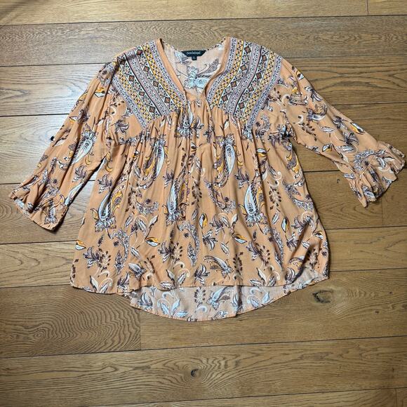 Davi & Dani Women Long Sleeve Boho Peasant Top 2XL Paisley Brown Floral Fall - Picture 1 of 8